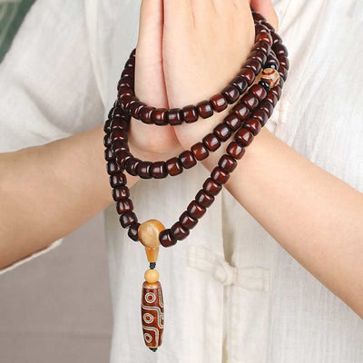 Bracelet de chance Foviel 108 perles Mala avec perle Dzi à trois yeux et perle Dzi à neuf yeux en jade
