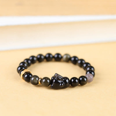 Buddha Stones Gold Sheen Obsidian Black Obsidian Silver Sheen Obsidian Cute Rabbit Protection Bracelet Bracelet BS 8mm(Wrist Circumference 14-16cm)