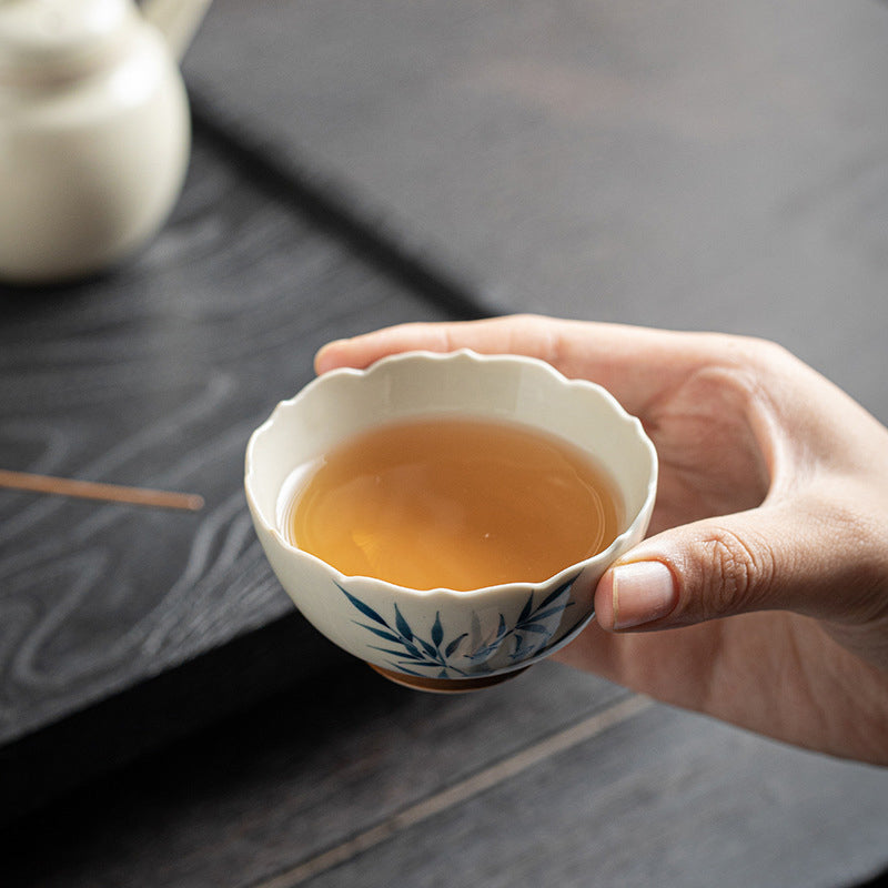 Buddha Stones Small Blue Bamboo Leaves Ceramic Teacup Kung Fu Tea Cup Bowl Cup BS 3