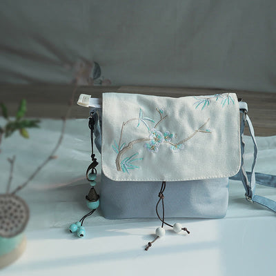 Buddha Stones Handmade Embroidered Plum Flowers Canvas Crossbody Bag Shoulder Bag Handbag Crossbody Bag BS 2