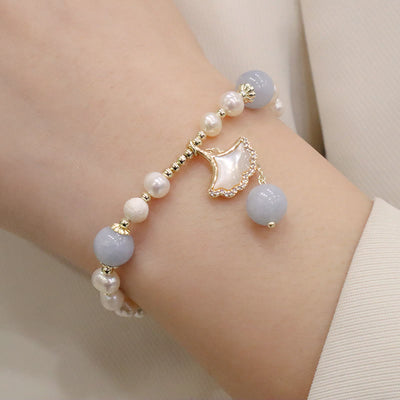 Buddha Stones Natural Aquamarine Pearl Healing Ginkgo Leaf Butterfly Charm Bracelet Bracelet BS 4