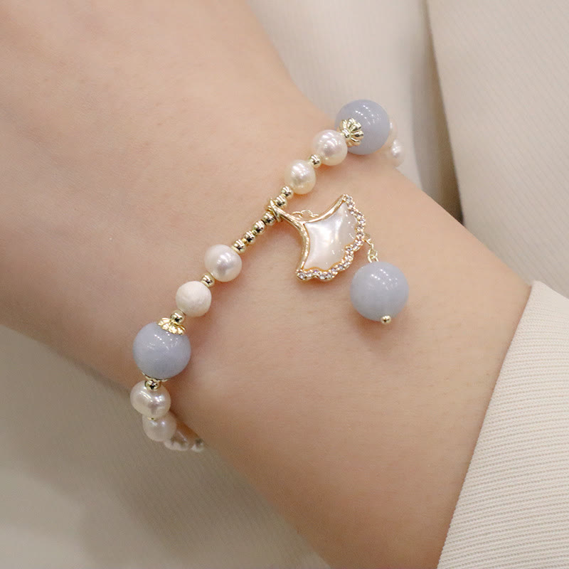 Buddha Stones Natural Aquamarine Pearl Healing Ginkgo Leaf Butterfly Charm Bracelet Bracelet BS 4
