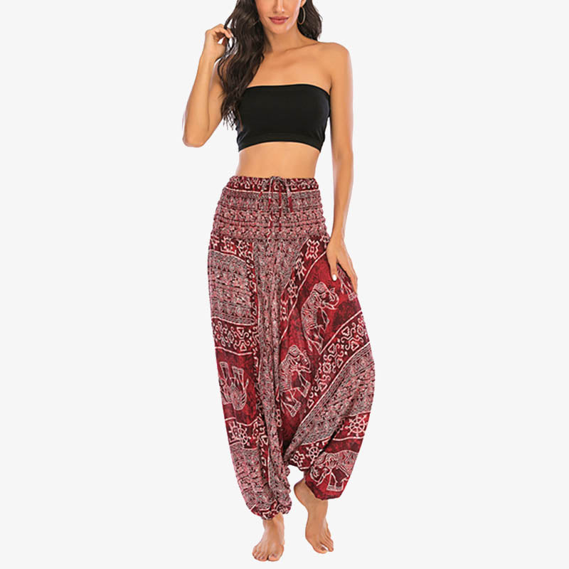 Buddha Stones Two Style Wear Elephant Pattern Loose Smocked Harem Trousers Jumpsuit Women's Yoga Pants Harem Pants&Bodysuit BS 5