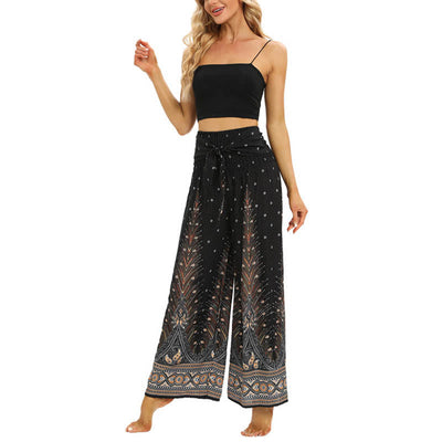 Buddha Stones Boho Peacock Feathers Lace-up Wide Leg Pants Women's Yoga Pants Women's Wide Leg Pants BS 7