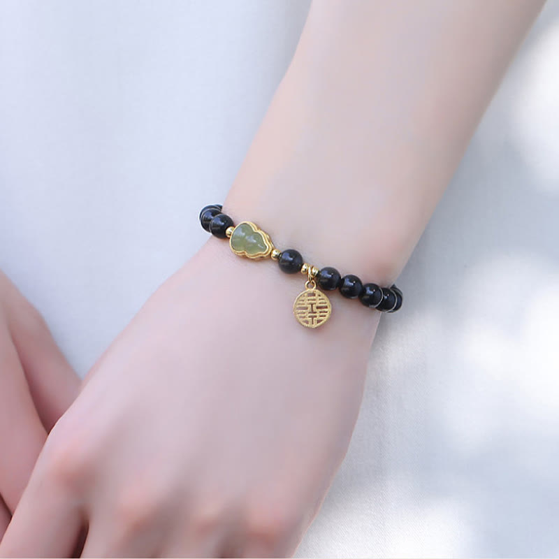 Buddha Stones Natural Black Obsidian Hetian Jade Gourd Double Happiness Strength Bracelet Bracelet BS 12