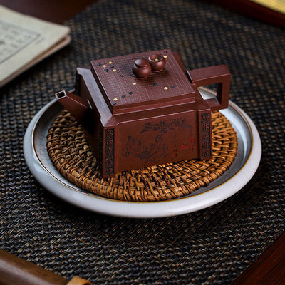 Buddha Stones Yixing All Handmade Gomoku Playing Chess Purple Clay Kung Fu Square Teapot 280ml Teapot BS 14.5cm*6cm*280ml