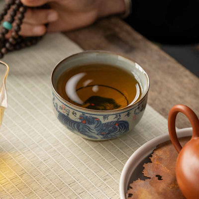 Buddha Stones Jingdezhen Hand Painted Cute Tiger Ceramic Teacup Kung Fu Tea Cup Bowl 140ml Cup BS 13
