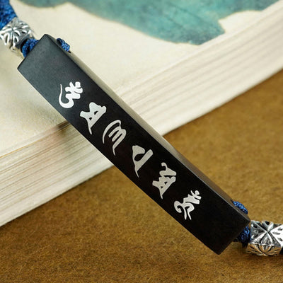 Buddha Stones Buddhism Six True Words Wood Ebony Wood Silver Inlaid Protection Bracelet Bracelet BS 3
