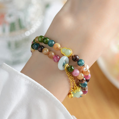 Buddha Stones Multicolored Tourmaline Gourd Wisdom Double Wrap Lily Of The Valley Charm Bracelet Bracelet BS 6