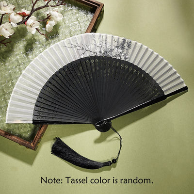 Buddha Stones Ancient Flowers Branches Handheld Bamboo Folding Fan 21cm Folding Fan BS Flower Black Fan 21cm