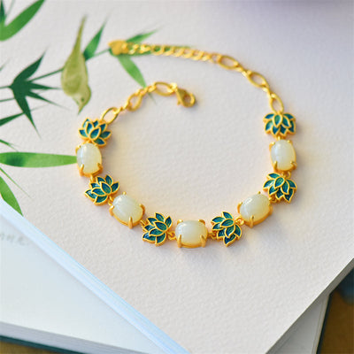 Buddha Stones White Jade Cyan Jade Lotus Protection Bracelet Bracelet BS White Jade