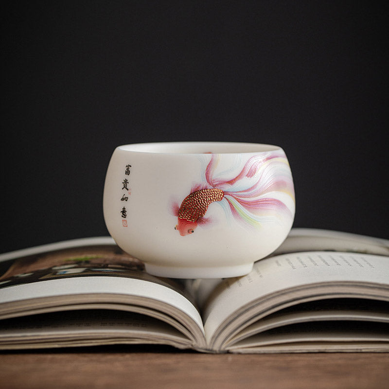 Buddha Stones Koi Fish White Porcelain Ceramic Teacup Kung Fu Tea Cup Cup BS 11