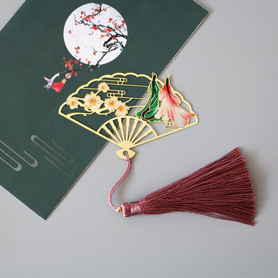 Buddha Stones Traditional Butterfly Lotus Flower Crane Dragon Phoenix Fox Koi Fish New Beginning Metal Brass Hollow Fan Bookmarks Bookmarks BS A Couple