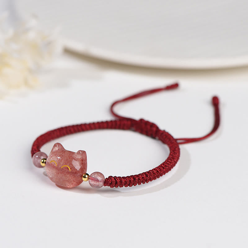 Buddha Stones Handmade Natural Silver Sheen Obsidian Strawberry Quartz Cute Cat Protection Braided Bracelet Bracelet BS 10