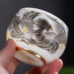 Buddha Stones Phoenix White Porcelain Ceramic Teacup Kung Fu Tea Cup 185ml With Gift Box Cup BS Black Phoenix 8.5cm*6cm*185ml