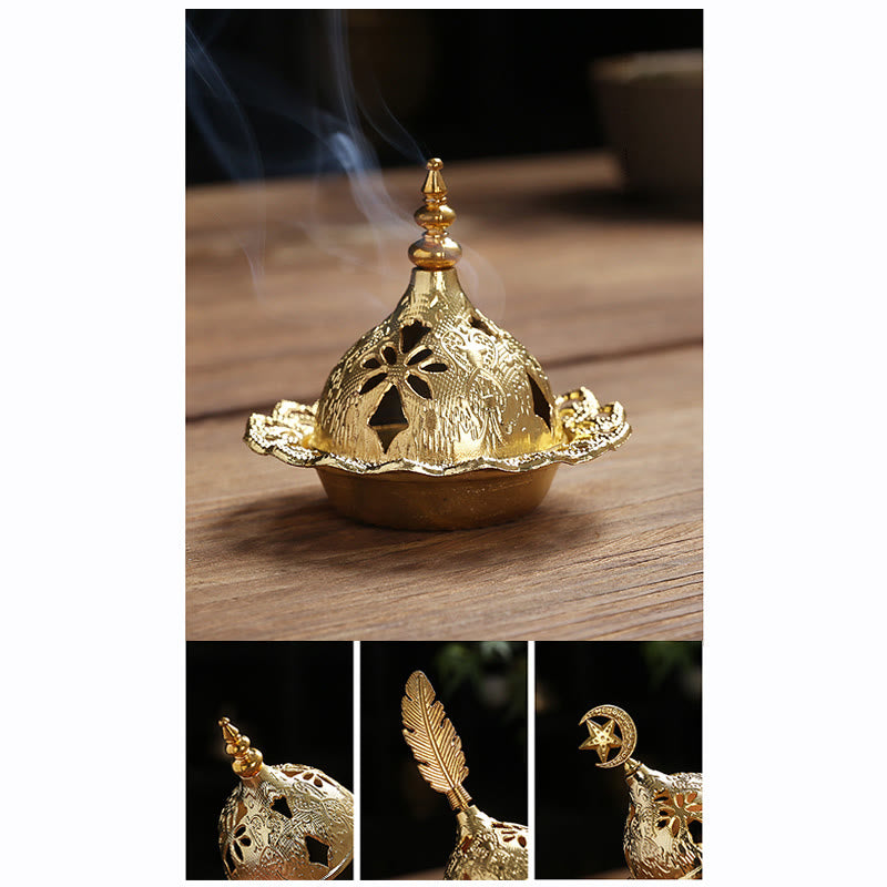 Buddha Stones Gold Gourd Star Feather Spiritual Meditation Mini Alloy Metal Incense Burner Incense Burner BS 6