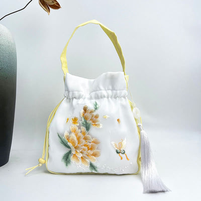 Buddha Stones Suzhou Embroidery Rabbit Lotus Epiphyllum Peony Magnolia Silk Tote Crossbody Bag Shoulder Bag Handbag Crossbody Bag BS Yellow Golden Peony 20*20*7cm