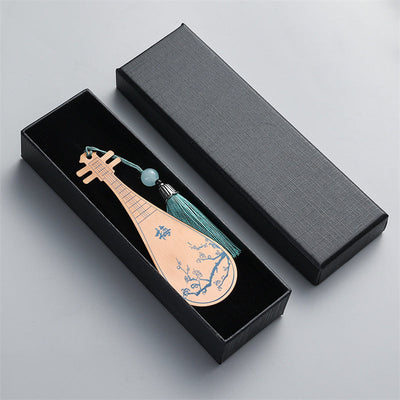 Buddha Stones Classical Musical Instruments Pipa Guzheng Guqin Ruan Metal Bookmarks Tassel With Gift Box Bookmarks BS Rose Gold Pipa-Gift Box