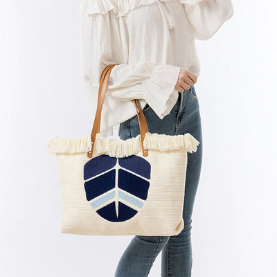 Buddha Stones Large Capacity Evil Eye Leaf Hamsa Tassel Canvas Tote Shoulder Bag Shoulder Bag BS 13