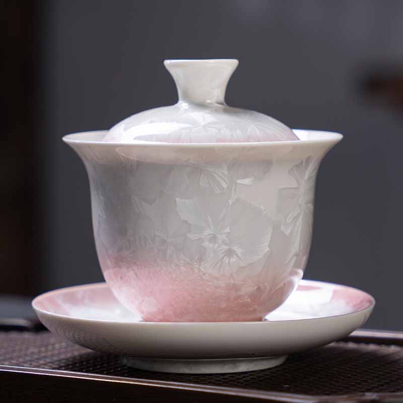 Buddha Stones Traditional Glaze Ceramic Gaiwan Sancai Teacup Kung Fu Tea Cup And Saucer With Lid 180ml Cup BS Gradient Pink 11.7cm*10.2cm*180ml