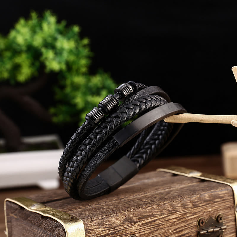 Buddha Stones Leather Multi-Layer Titanium Steel Balance Braided Magnetic Buckle Bracelet Bracelet BS 2