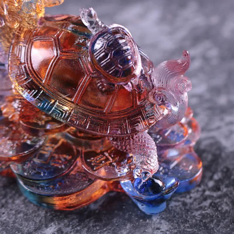 Buddha Stones Feng Shui Dragon Turtle Coins Handmade Liuli Crystal Luck Art Piece Home Office Decoration Decorations BS 12