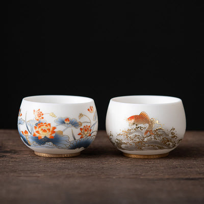 Tasse à thé en céramique Foviel Phoenix Dragon Lotus Deer Ancient Building Koi Fish pour thé Kung Fu