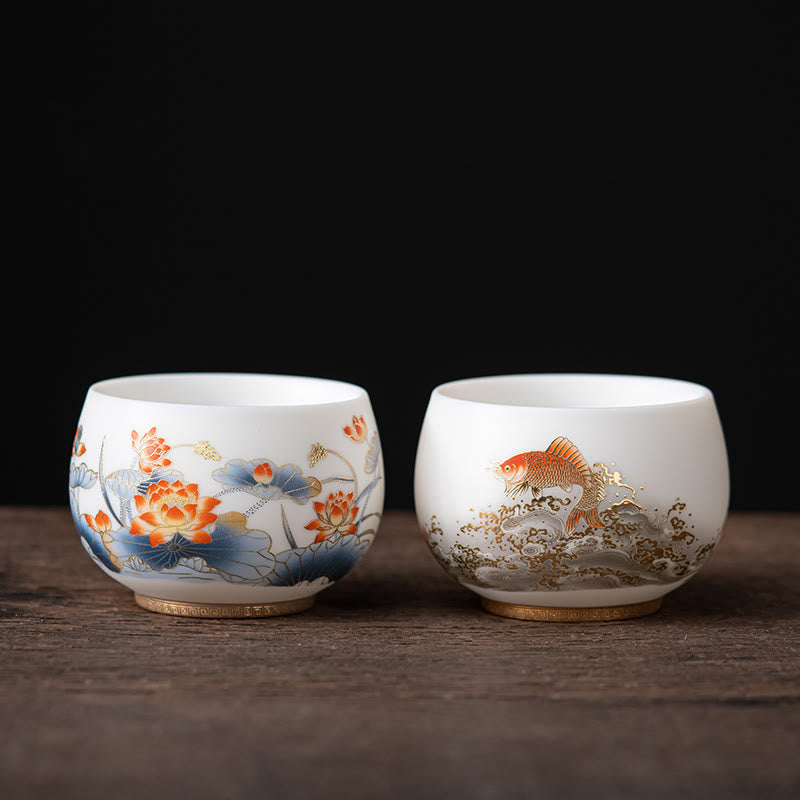 Tasse à thé en céramique Foviel Phoenix Dragon Lotus Deer Ancient Building Koi Fish pour thé Kung Fu