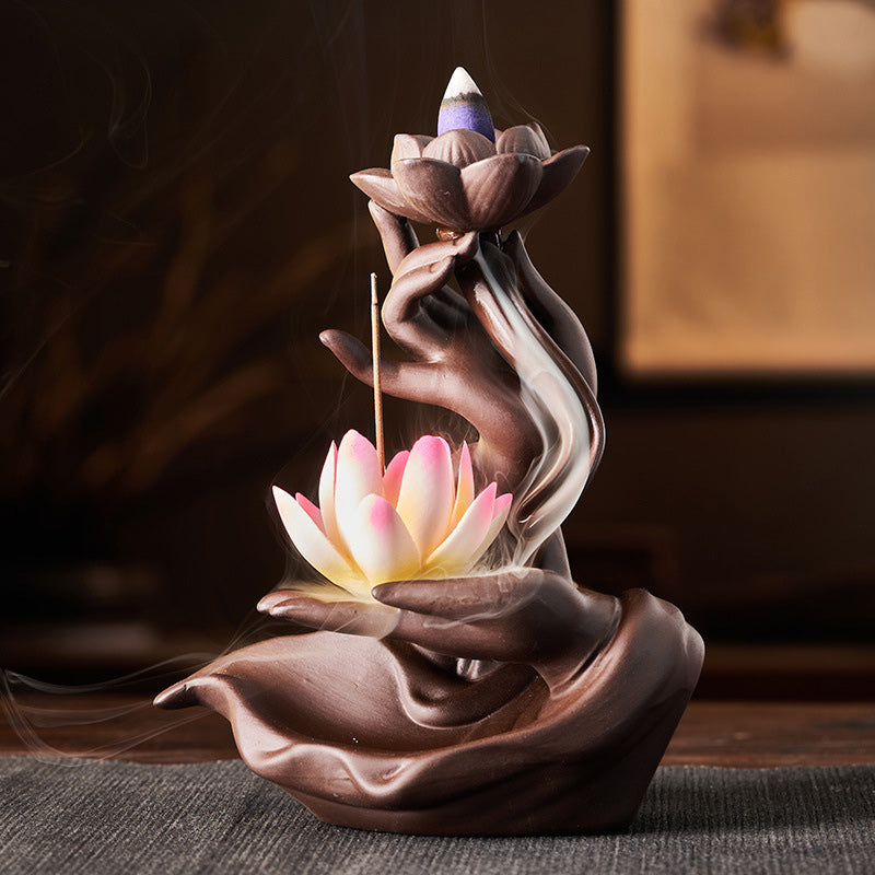 Buddha Stones Lotus Bergamot Healing Incense Burner Incense Burner BS Colorful