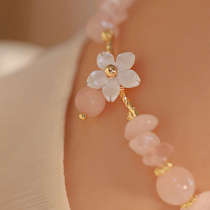 Buddha Stones 14k Gold Plated Natural Pink Crystal Flower Love Bracelet Bracelet BS 5