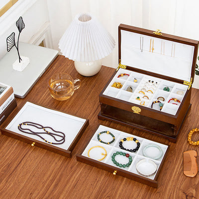 Buddha Stones Retro Wooden Jewelry Box Three-Layer Jewelry Storage Box Jewelry Box BS 5