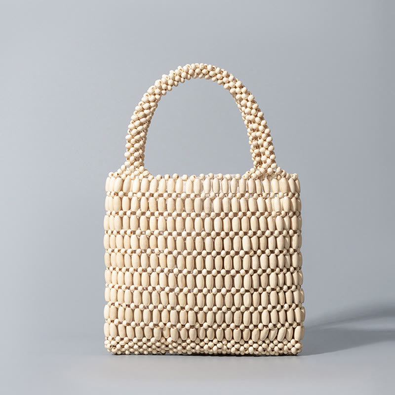 Buddha Stones Hand-woven Wooden Beads Handbag Handbags BS Beige 19.5*4.5*18.5cm