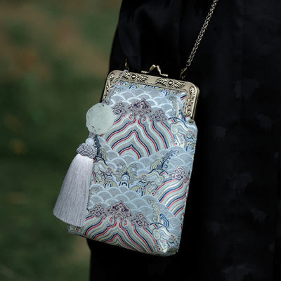 Buddha Stones Small Blue Ocean Waves Metal Chain Crossbody Bag Shoulder Bag Cellphone Bag Crossbody Bag BS Ocean Waves 13*19*3cm