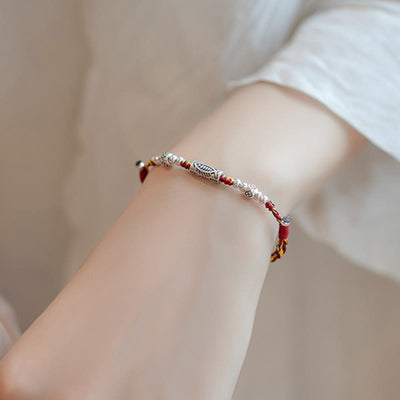 Buddha Stones 925 Sterling Silver Luck Koi Fish Braided Colorful String Bracelet Anklet Bracelet BS 6