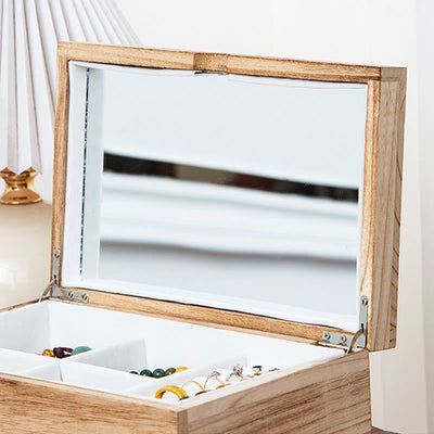 Buddha Stones Retro Beige Wooden Jewelry Box Two-Layer Jewelry Storage Box With Mirror - image 7