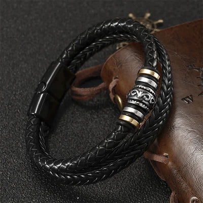 Buddha Stones Leather Layered Titanium Steel Balance Braided Bracelet Bracelet BS 4
