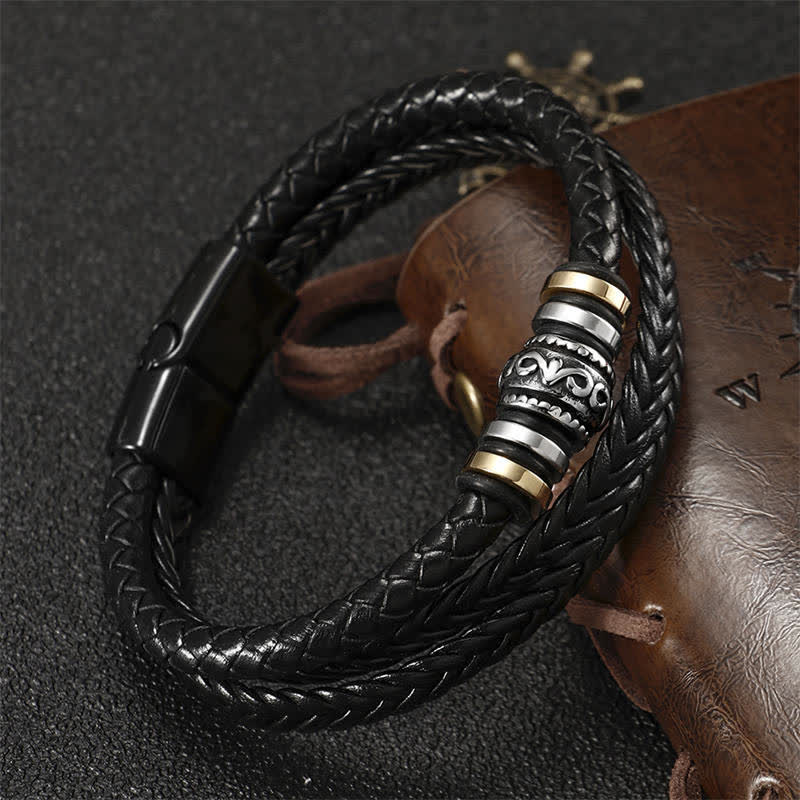 Buddha Stones Leather Layered Titanium Steel Balance Braided Bracelet Bracelet BS 4