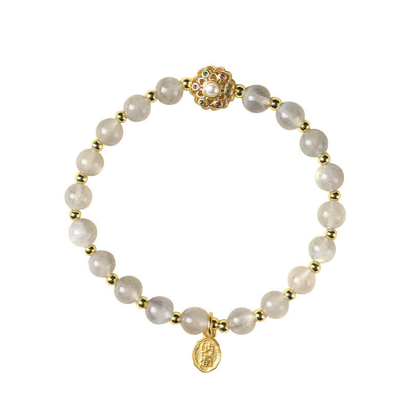 Buddha Stones 14K Gold Plated Natural Strawberry Quartz Labradorite Sun Stone Fu Character Positive Charm Bracelet Bracelet BS 10
