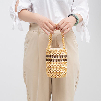 Buddha Stones Hand-woven Bucket Portable Wooden Beads Handbag Handbags BS 13