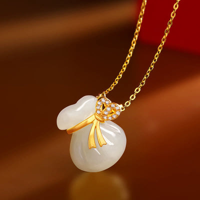 Buddha Stones Natural Hetian White Jade Luck Money Bag Necklace Pendant Necklaces & Pendants BS Hetian White Jade(Protection♥Happiness)