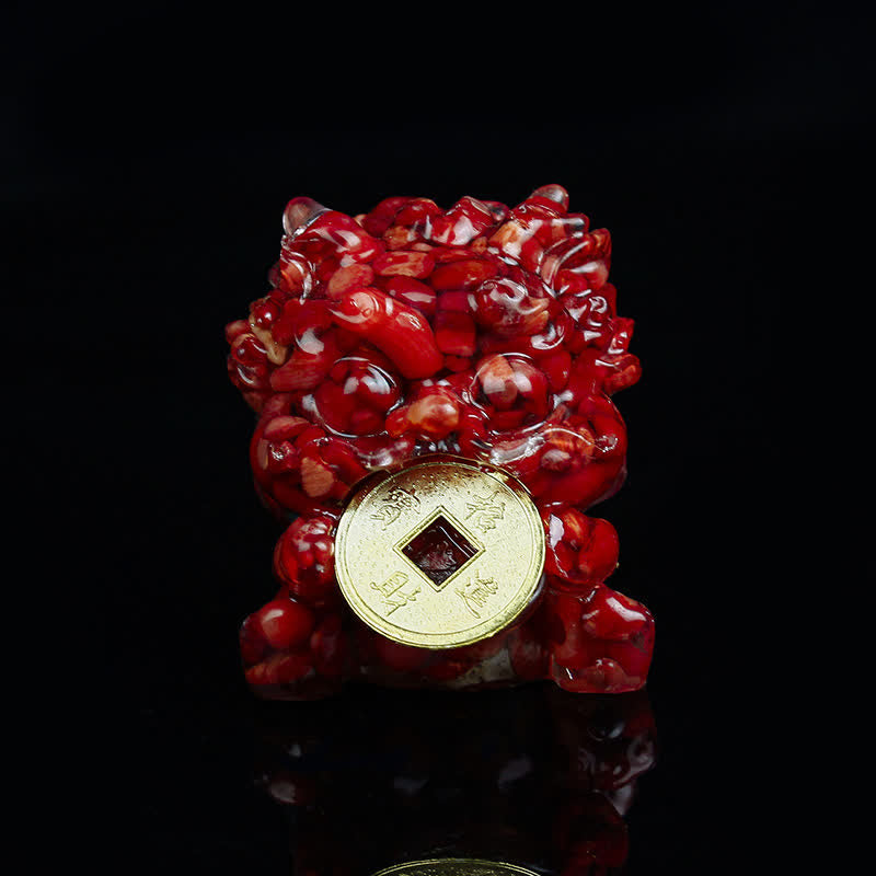 Buddha Stones Handmade Cute PiXiu Gold Coin Crystal Fengshui Energy Wealth Fortune Home Decoration Decorations BS Red Coral