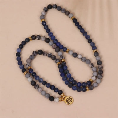 Buddha Stones 108 Mala Beads Sodalite Zebra Jasper Crystal Lotus Strength Bracelet Mala Bracelet BS 3