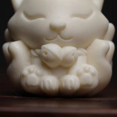 Buddha Stones Mini Nine-Tailed Fox Ivory Fruit Sandalwood Green Sandalwood Blessing Decoration Decorations BS 8