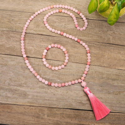 Buddha Stones 108 Mala Beads Pink Crystal Love Tassel Bracelet Mala Bracelet BS 2