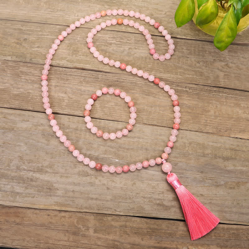 Buddha Stones 108 Mala Beads Pink Crystal Love Tassel Bracelet Mala Bracelet BS 2