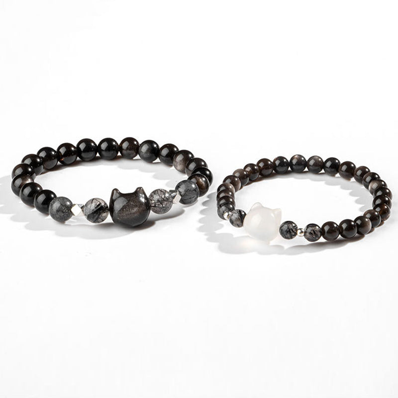 Buddha Stones Natural Silver Sheen Obsidian Cute Cat Head Protection Bracelet Bracelet BS 8
