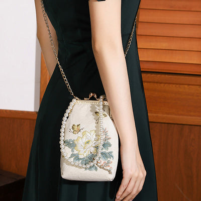 Buddha Stones Small Flowers Butterfly Embroidered Pearl Metal Chain Shoulder Bag Crossbody Handbag Cellphone Bag Crossbody Bag BS 3