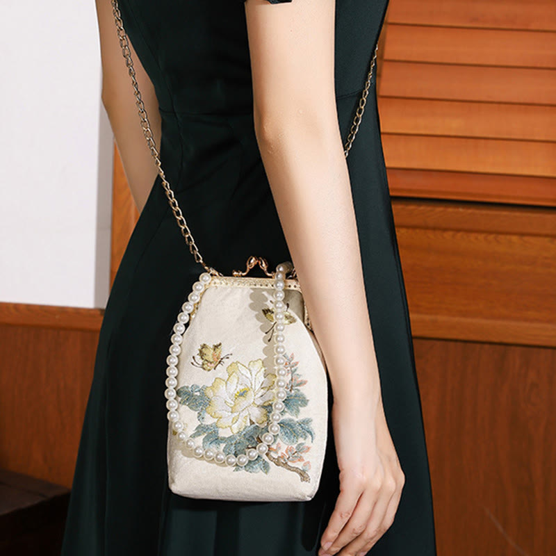 Buddha Stones Small Flowers Butterfly Embroidered Pearl Metal Chain Shoulder Bag Crossbody Handbag Cellphone Bag Crossbody Bag BS 3