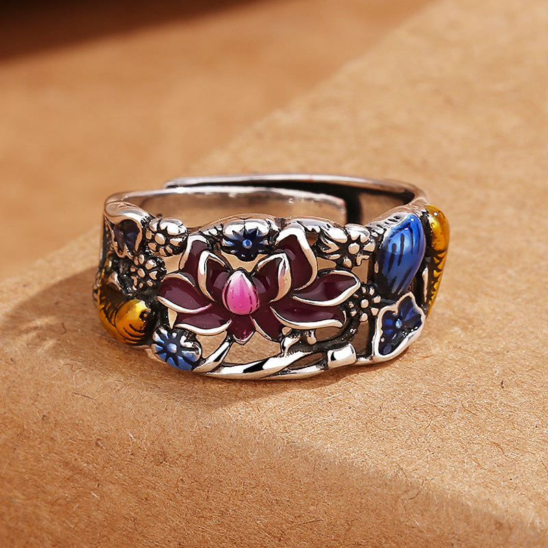 Buddha Stones Koi Fish Lotus Flower Leaf Design Luck Wealth Ring Ring BS 2
