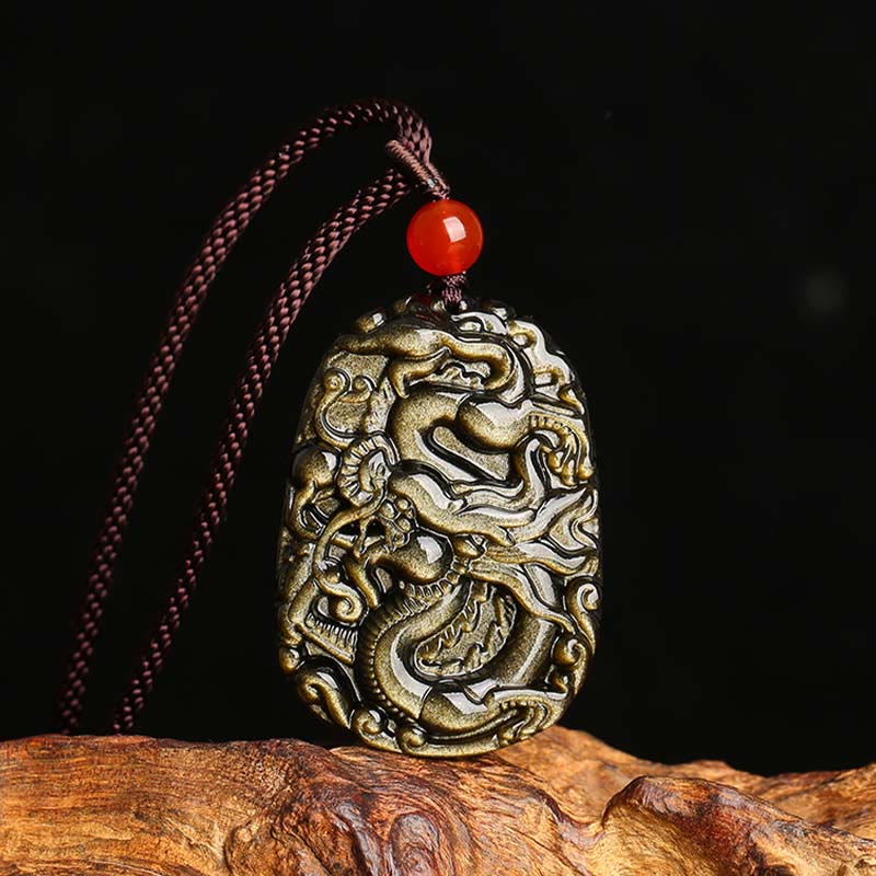Buddha Stones Gold Sheen Obsidian Dragon Pattern Success Necklace Pendant Necklaces & Pendants BS Gold Sheen Obsidian